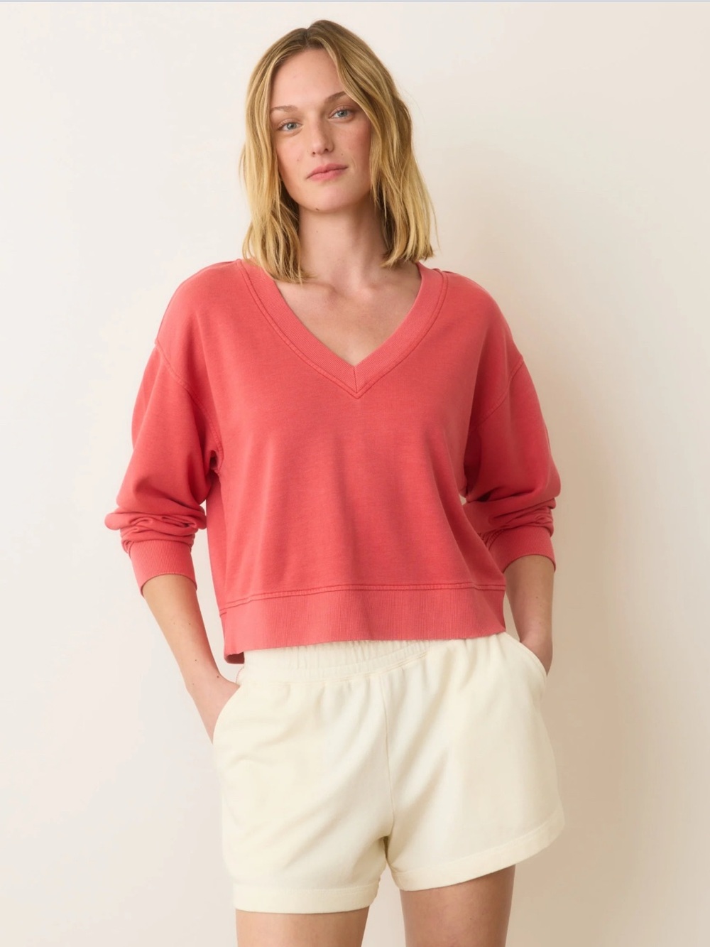 Marine Layer V-Neck Cropped Sweatshirt in Coral